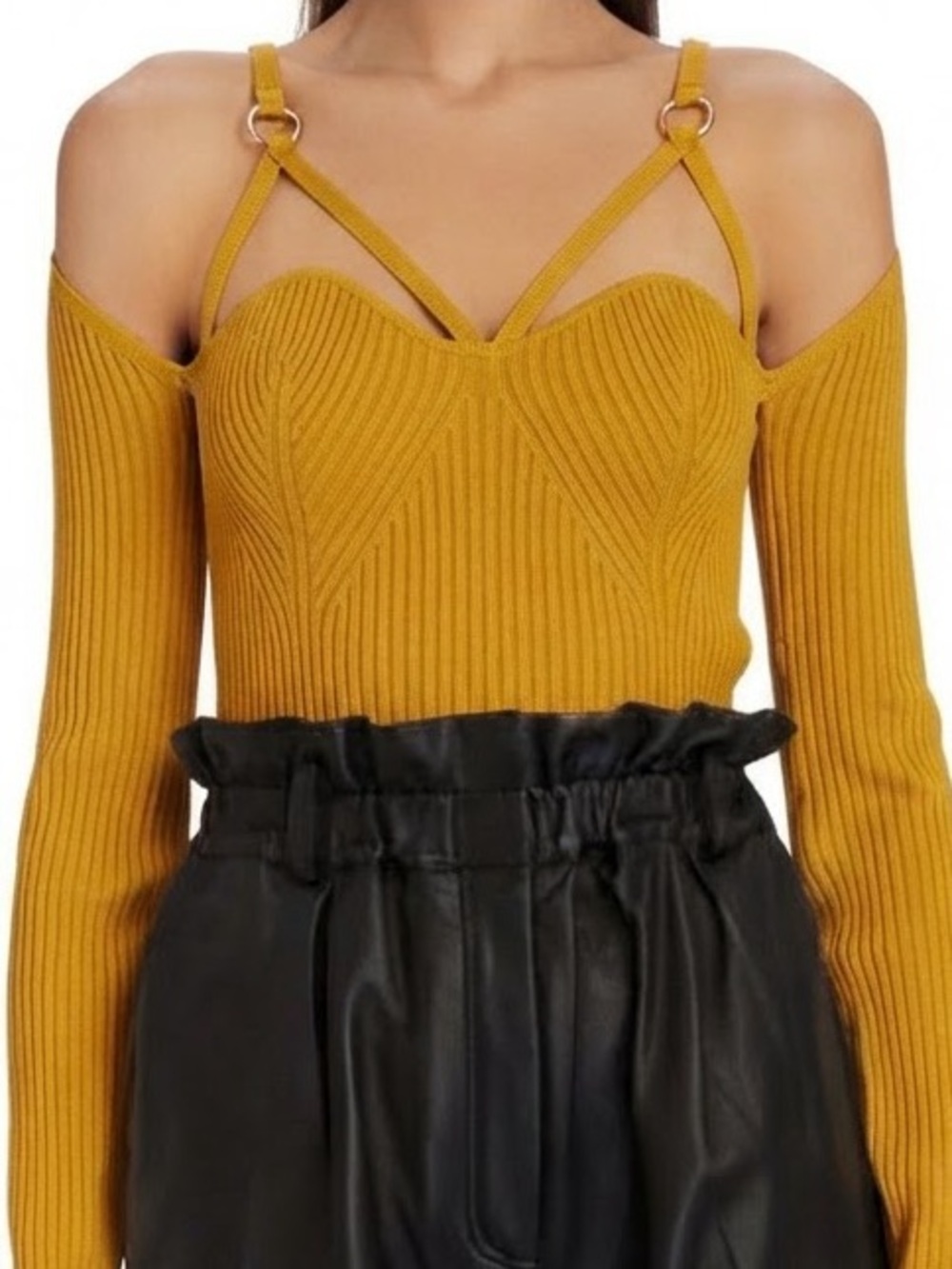 NWOT NICHOLAS Mustard Off-Shoulder Ribbed Sweater with Strap Detail
